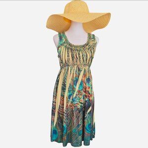 Women summer mini dress by Cato. Yellow with multi color peacock print. Size Med